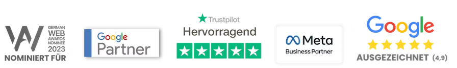 German Web Award Nominierung 2023, Google Partner, Trustpilot Hervorragend, Meta Business Partner, Google 4,9 Sterne